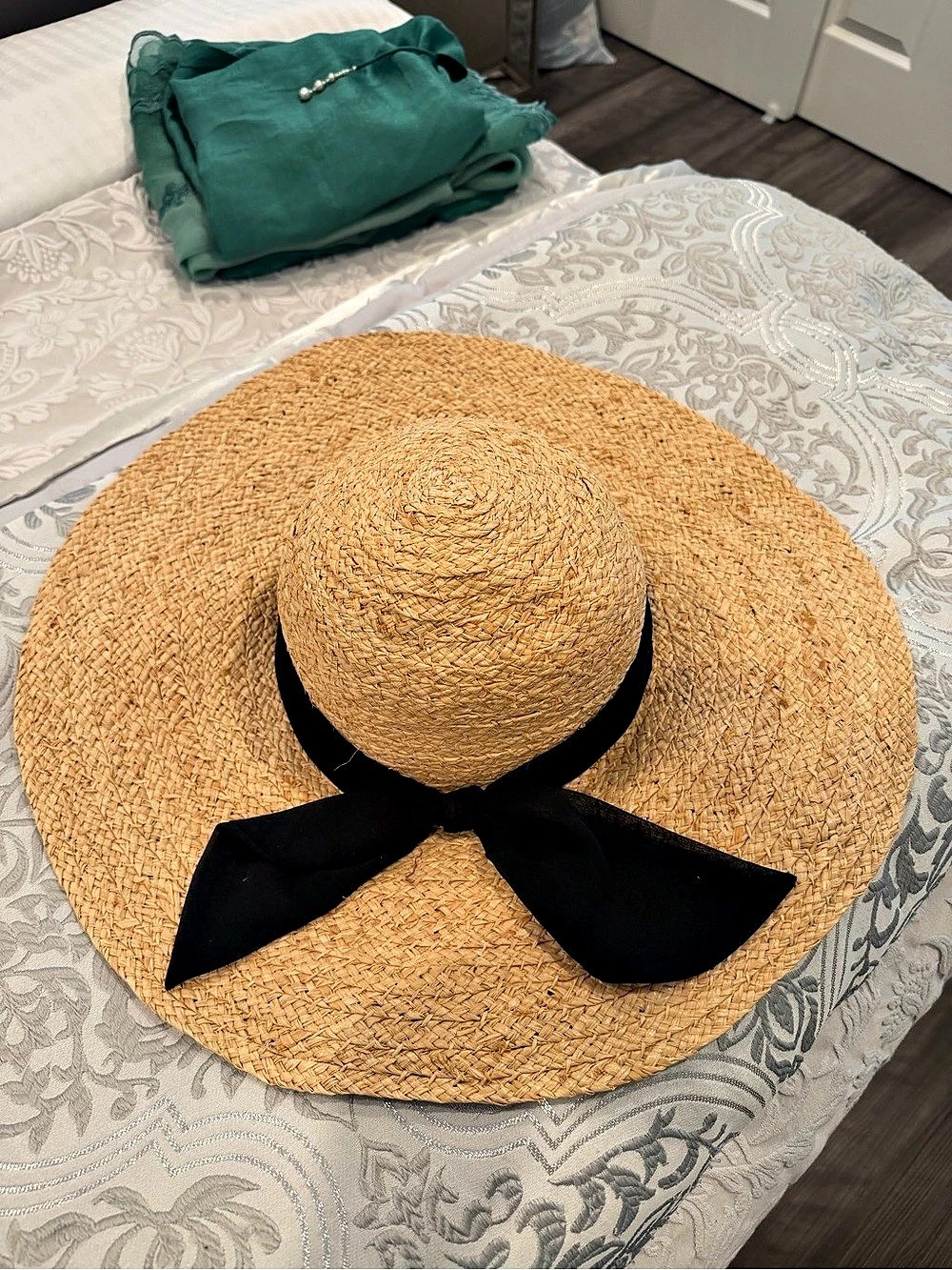Wide Brim Straw Hat with Black Bow